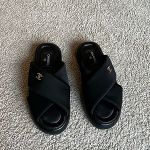 22P Authentic Chanel Fabric CC Mules Sandals, Black